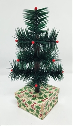 9" Miniature Feather Tree - Hunter Green Stiff Feathers - 3 Rows - Holly Box - Berries