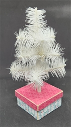 9" Miniature Feather Tree - White Stiff Feathers - 3 Rows - Snowman Box - Berries