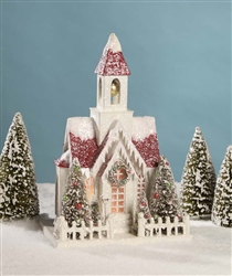 Lighted Paper Glitter Putz House Church Christmas offers Village Collectible Decor